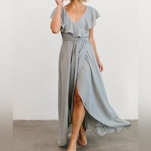 Baltic Born Katya Ruffle Maxi Bridesmaids Dress size small dusty blue grey
